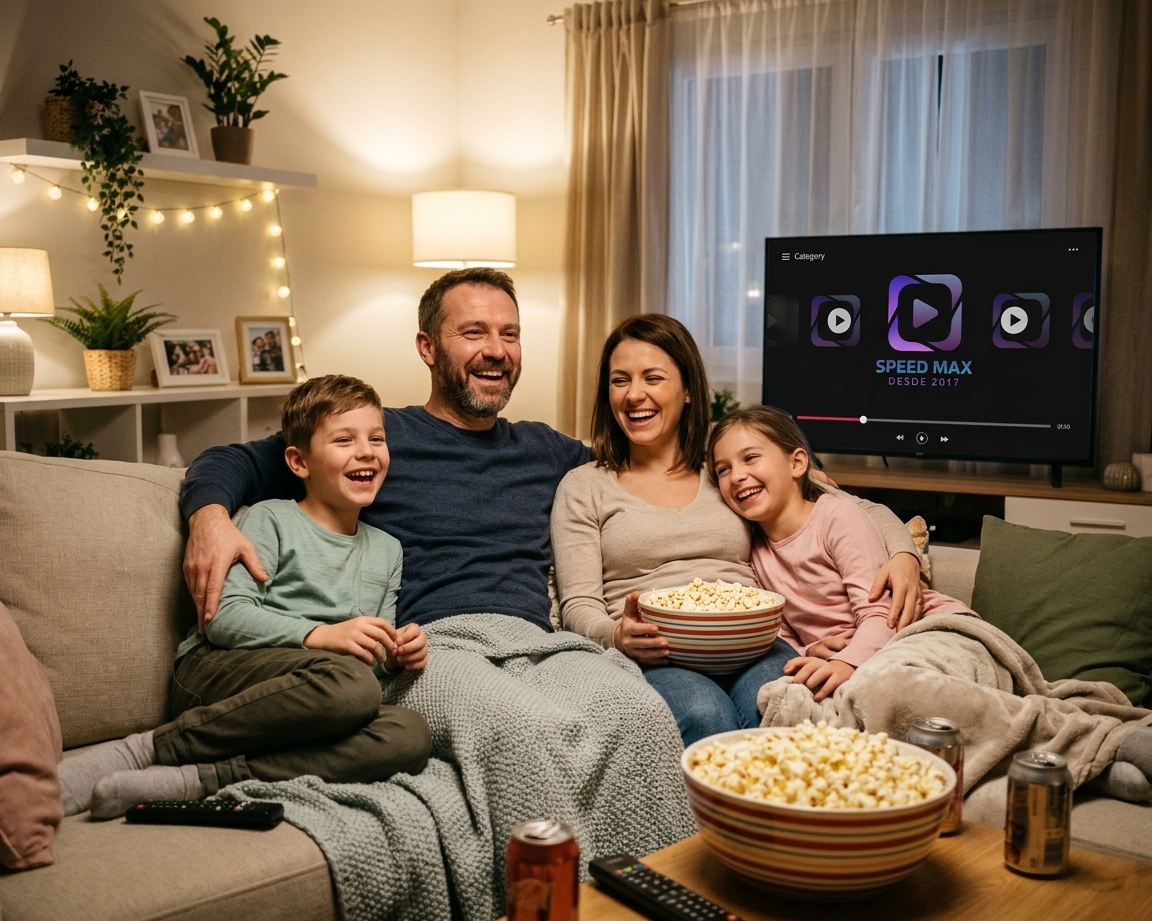 Família assistindo Speed Max na TV da sala